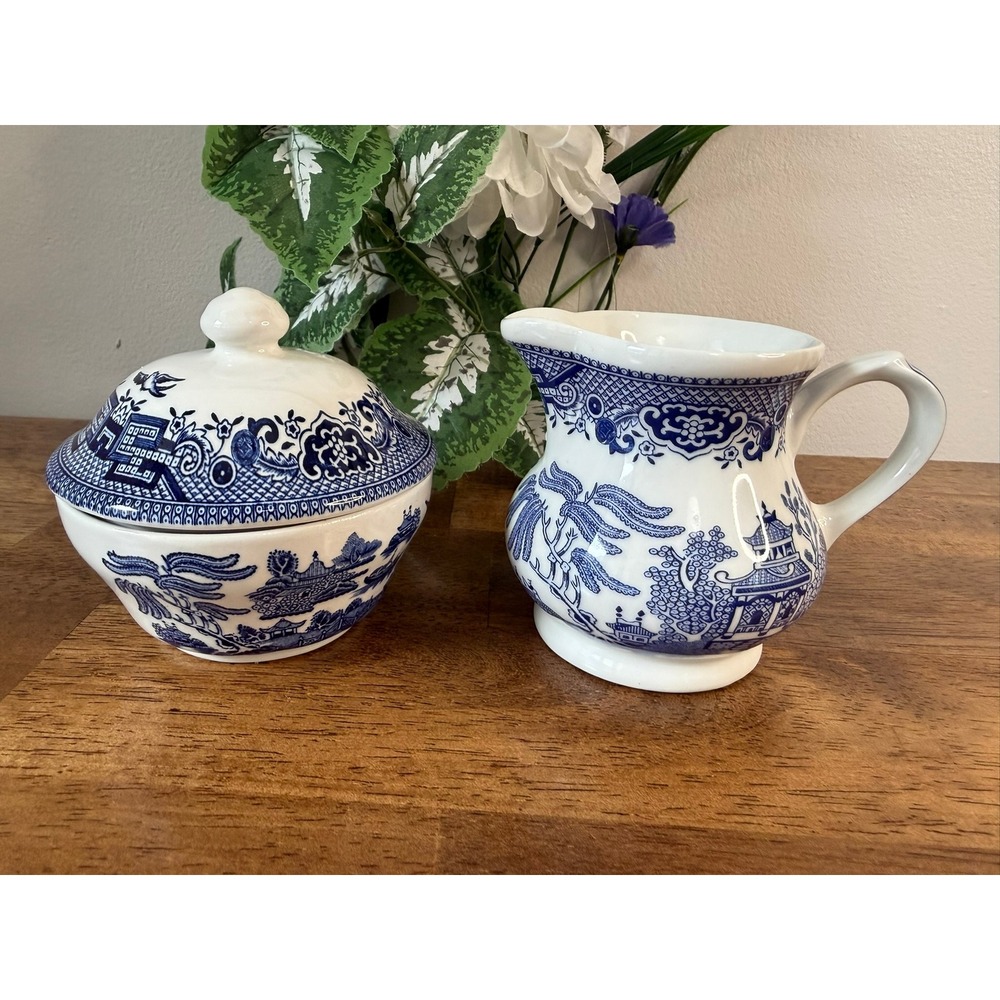 Vintage Churchill Blue Willow Creamer Covered Sugar Bowl Set England Farmhouse